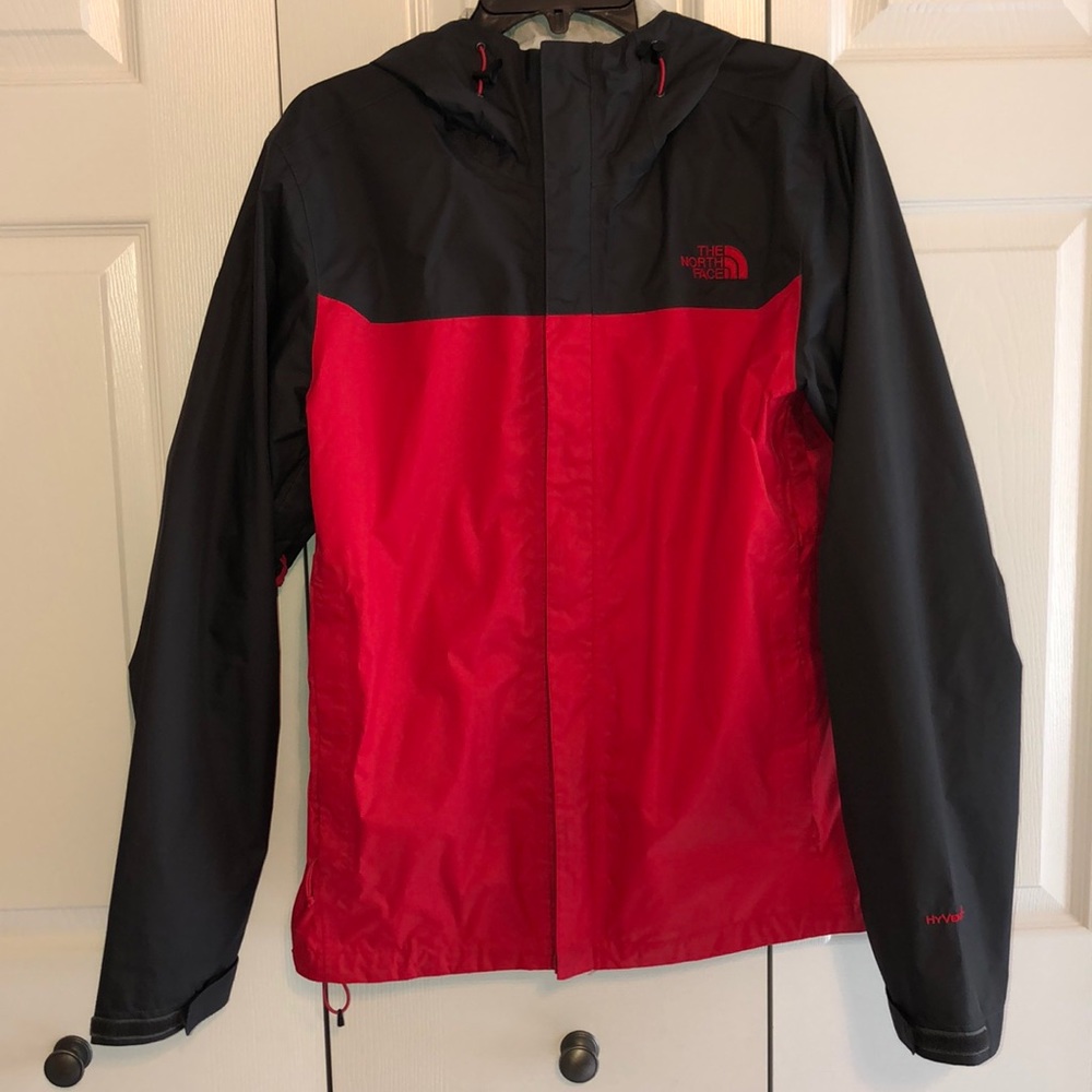 Men’s red & gray North Face rain jacket